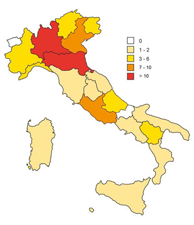 Mappa dei luppoleti italiani con superficie superiore o pari a 1000 metri quadrati aggiornata a dicembre 2018